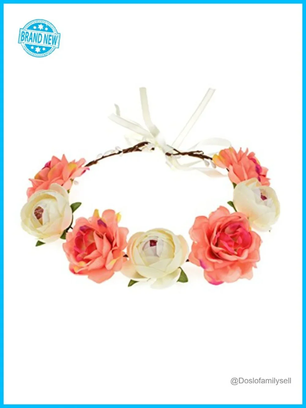 Fabric Flower Hair Wreath Headband with Adjustable Ribbon
